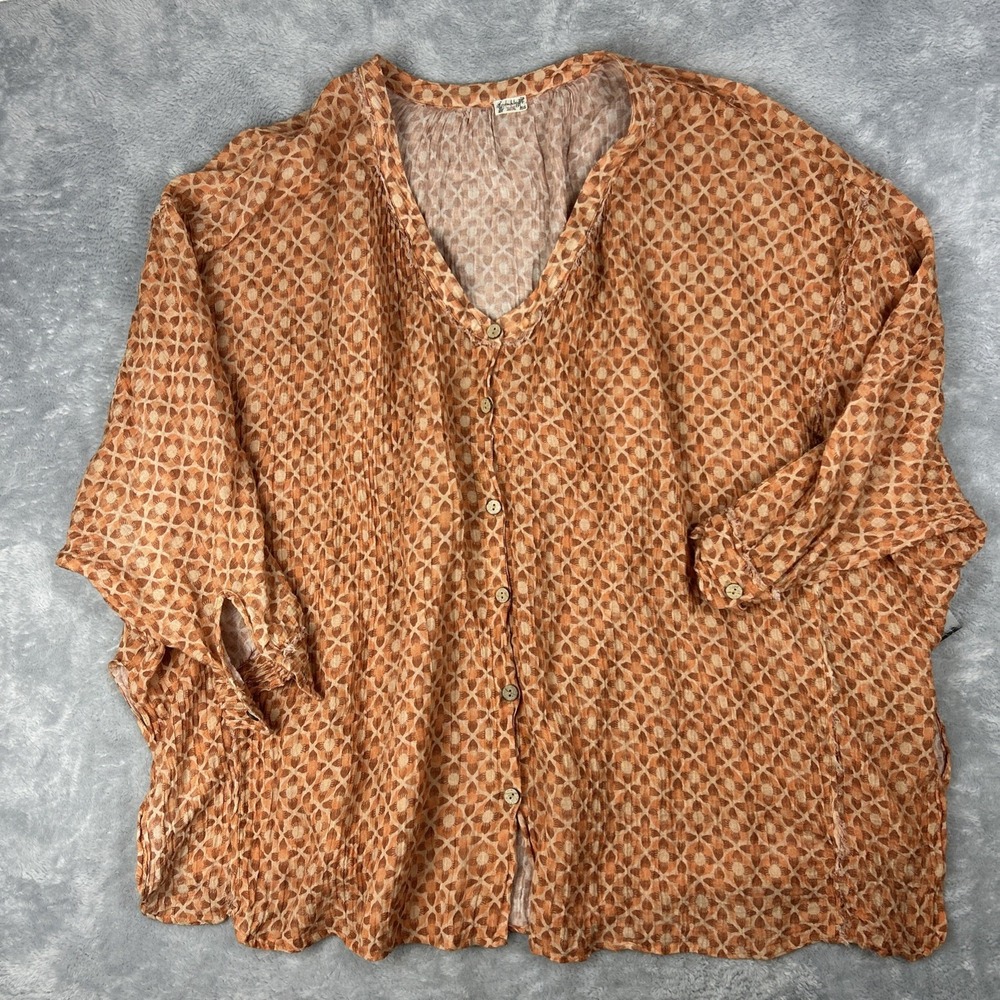 Free People Intimately 100% Linen Top‎ One Size Raw Edges Full Button Orange